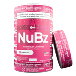 NuBz Watermelon Lemonade 6mg can stack with one can leaning sideways against the pile
