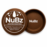 Open NuBz rustic brown metal can with lid propped in front, empty interior with NuBz logo visible