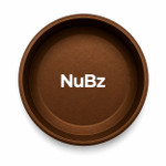 Top-down view inside the open NuBz rustic brown metal can, empty interior stamped with a white NuBz logo