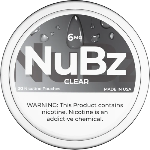 NuBz Clear nicotine pouch can, front lid view showing 6mg strength and 20-pouch count
