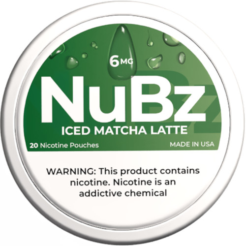 NuBz Iced Matcha Latte 6mg nicotine pouch can lid with green label, 20 pouches per can, made in USA