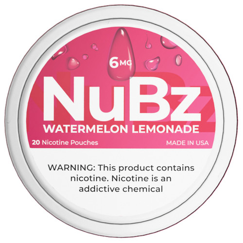 NuBz Watermelon Lemonade 6mg nicotine pouches can, front view with pink label and 20-pouch count