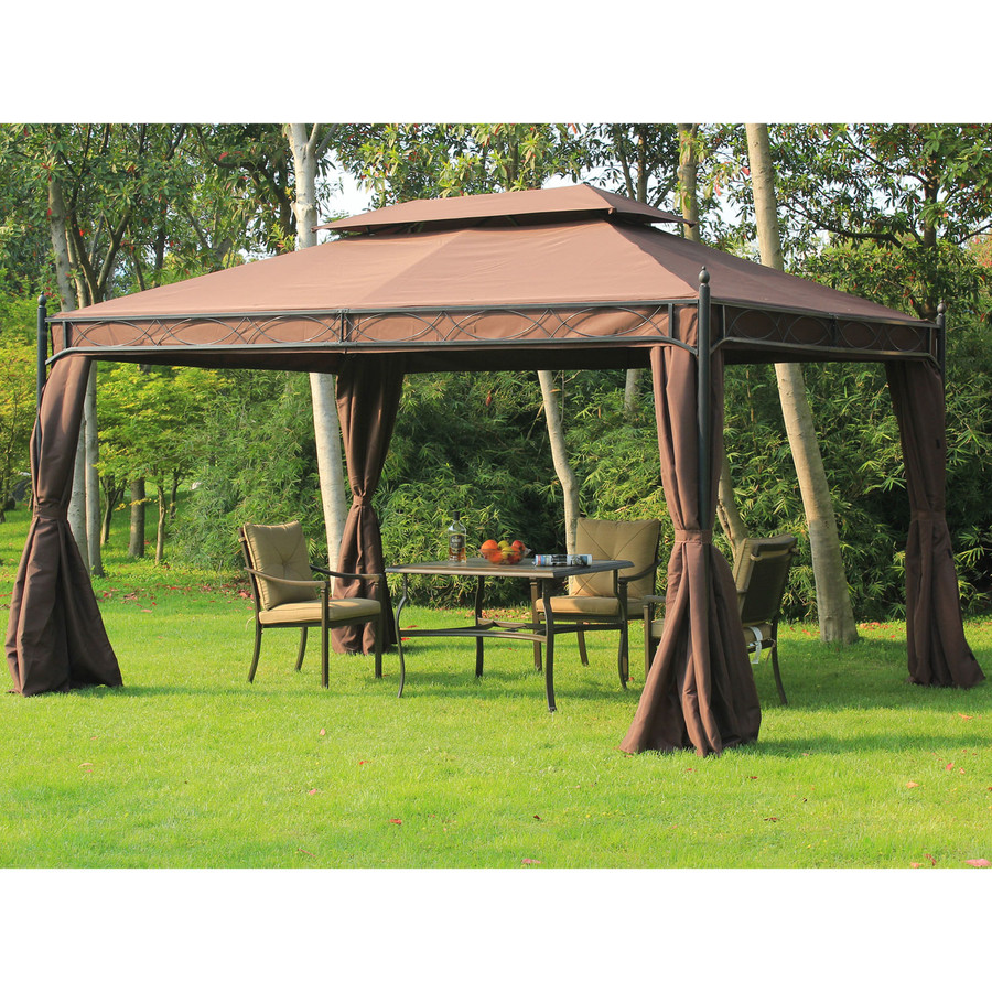 Outsunny 10x13ft Garden Gazebo with Curtain Double-Tiered Outdoor