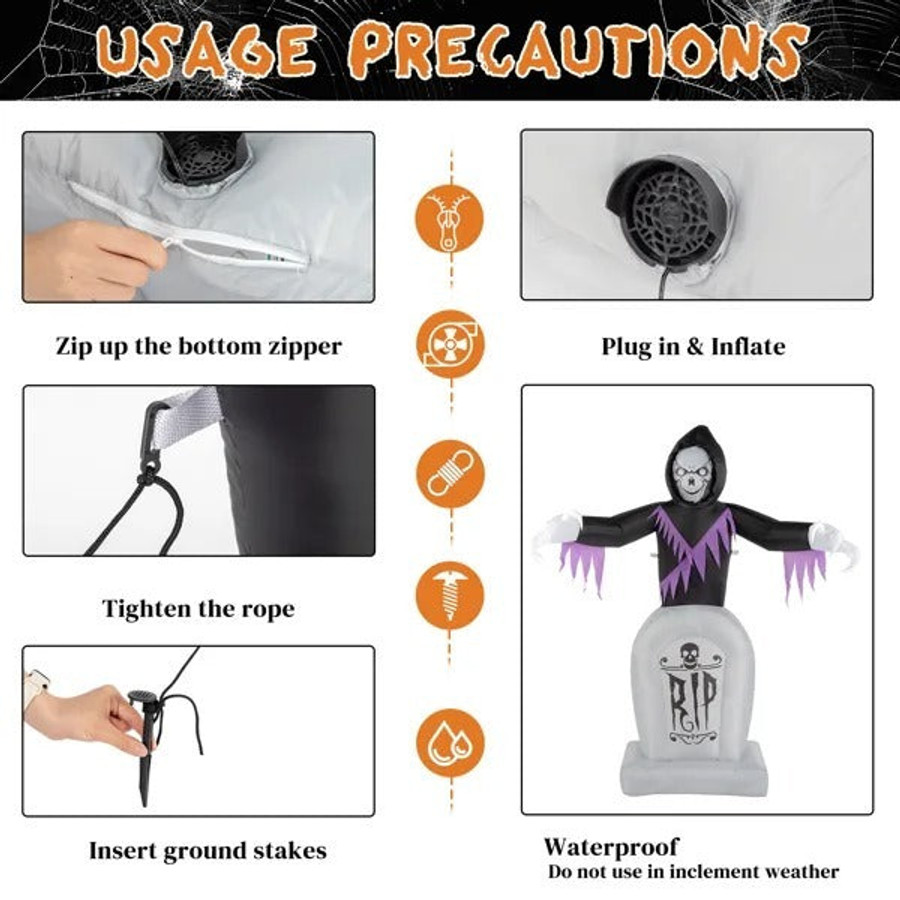 8ft Garden 3pcs LED String Lights Grim Reaper And Grave Inflatable