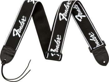 Fender Running Logo Strap, Black/White Logo, 2"