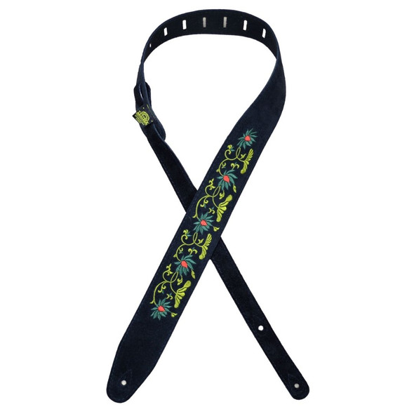 Colonial Leather Embroidered Black Suede Guitar Strap - Flower and Leaves