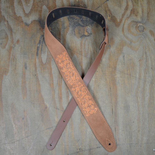 Colonial Leather Leaves Embroidered Tan Suede Guitar Strap