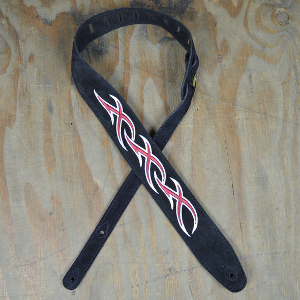 Colonial Leather Red & White XXX Embroidered Black Suede Guitar Strap