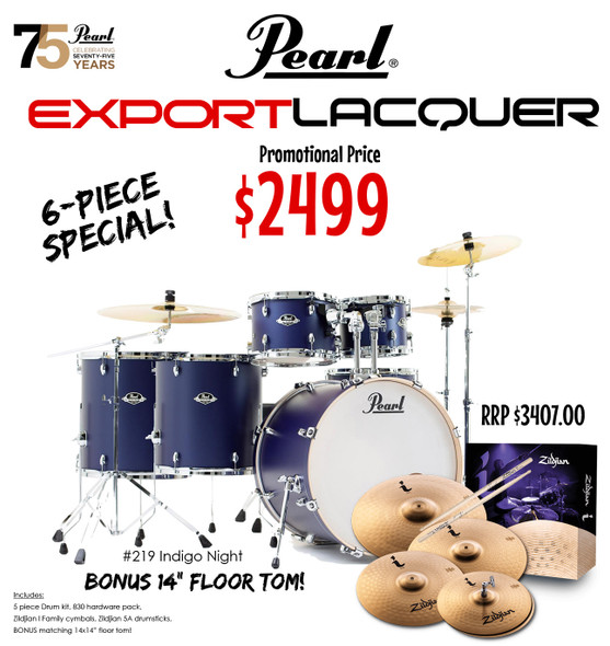 Pearl Export EXL Plus 22" Fusion 5-Piece Drum Kit with Hardware, Cymbals & Bonus 14" x 14" Floor Tom - Indigo Night