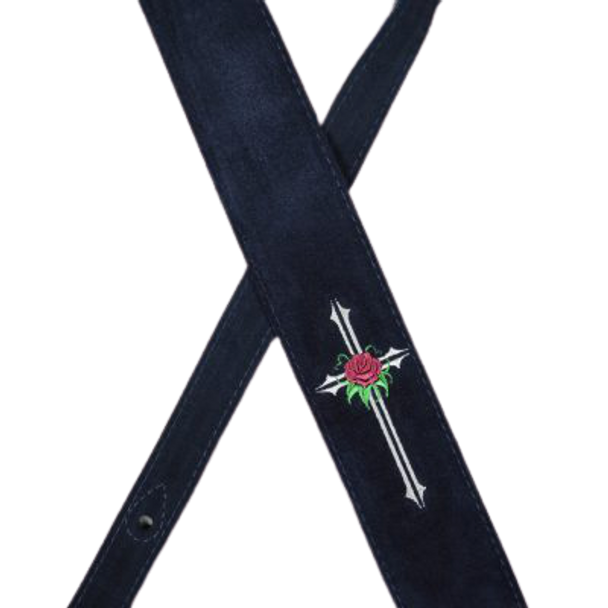 Colonial Leather Embroidered Black Suede Guitar Strap - Rose Cross
