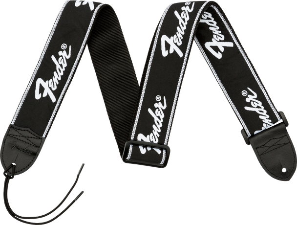 Fender Running Logo Strap, Black/White Logo, 2"