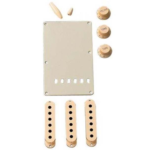 Fender Stratocaster Accessory Kit, Includes 3x Control Knob, Switch and Trem Arm Tips, Back Plate, 3x Pickup Cover, Aged White