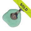Vivid Aqua Green Sea Glass With Sterling Shell Charm - S/S CHAIN INCLUDED