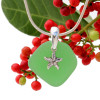 Beach found green sea glass is combined with a solid sterling sea starfish charm and presented on an 18 Inch solid sterling snake chain.