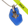 Sea Charmed - Large Blue Sea Glass On Bail W/ Seaturtle 