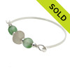Thick White Sea Glass Sterling Bangle Bracelet With Green Beads