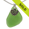 For MOM -Larger Vivid Sea Green Sea Glass With Sterling Mom Charm - S/S Snake CHAIN INCLUDED