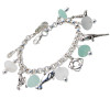 Genuine Sea Glass Bracelet.
Amazing pale aqua and whitish real sea glass pieces from England  are combined with solid sterling charms on a fully soldered bracelet.
Charms include lighthouse, parrot,lifesaver,lobster,manatee and 2 flip flops.
