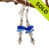 Light and dark blue sea glass are combined with fresh water pearls in this dangly pair of sea glass earrings.
Sorry this Sea Glass Jewelry selection has been SOLD!