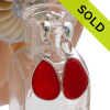 Large Vivid red Sea Glass Earrings set in our Original Wire Bezel© in silver on posts.
