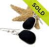 Black Beauties- Black Sea Glass Earrings In Sterling Original Wire Bezel©  