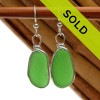 Genuine beach found Bright Green Sea Glass Earrings in a solid Sterling Silver Original Wire Bezel setting.
Sorry this sea glass jewelry item has been sold!~