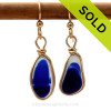 ULTRA RARE Multi Flashed Blue Genuine Sea Glass In Gold Wire Bezel© Earrings