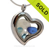 Cobalt Blue Genuine Beach Found  Sea Glass combined a silver Heart Locket necklace with Sandollar, Pearls and Aquamarine Briolette Crystal Gems