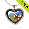 Blue and Green Beach Found  Sea Glass combined a silver Heart Locket necklace with Baby Starfish.
SOLD - Sorry This Sea Glass Jewelry Selection Is NO LONGER AVAILABLE!