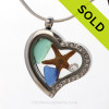 Our new heart lockets make this aqua and blue sea glass really shine! Tiny crystals on the rim for some added bling.
CZ crystal and a small starfish make this a great beachy gift!