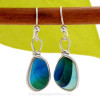 Super Ultra Tricolor Mixed sea glass pieces from Seaham England are set in our Original Wire Bezel© earring setting. This is a very hard sea glass to match as the color is cross sectioned from one side to the other.
