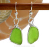 Genuine thick and vivid Peridot Green English Sea Glass Earrings in our Original Wire Bezel is Solid Sterling Silver.
