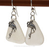Genuine Unaltered Large White Sea Glass Earrings with Solid Sterling Flamingo Charms.