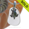 Pure Bright White Sea Glass Necklace with Beach found sea glass and solid sterling silver sea turtle charm and Solid Sterling Silver Snake chain.