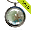 Tropical Memories - Genuine Sea Glass, Sandollar & Starfish with Aqua Gems in a 30MM Locket