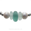 A detail of this Sea Glass Bracelet shows you the perfect seafoam Green Sea Glass Center Bead and the LARGE Cultured Pearls.