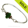 Earth and Sea Lovers - Vivid Emerald Green Genuine Sea Glass Bracelet with Natural Beach Stones On Solid Sterling Silver Bangle