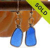 Lightweight Bright Cobalt Blue Genuine Sea Glass Earrings 14K Rolled Gold Original Wire Bezel©