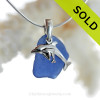 Mother and Child - Rare Cobalt Blue Sea Glass With Sterling Silver Dolphins Charm - 18" STERLING CHAIN INCLUDED