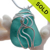 LARGE Vivid ELECTRIC Aqua Or Turquoise Sea Glass Sterling Waves© Signature Sterling Setting Pendant