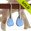 Triangles of Bright Fresh Genuine Carolina Blue  Beach Found Sea Glass Earrings on Sterling Leverback Earrings.