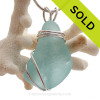 L-A-R-G-E and Thick Aqua Sea Glass Sterling Triple WIre Setting Necklace Pendant