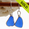 Cobalt Blue Genuine Sea Glass Earrings Solid Sterling Silver Original Wire Bezel©