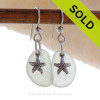 Genuine Soft Green Sea Glass Earrings In Pure White on Sterling Silver With Starfish Charms