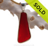 Thin Long Ruby Red Sea Glass Pendant In Tiffany Deluxe Wire Bezel© Gold & Silver Mix