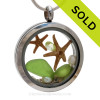 August By The Sea - Vivid Lime Green Two Starfish with Peridot Gem in a Stainless Steel Locket