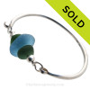 Jungle Green Seaham Sea Glass Bangle Bracelet In Solid Sterling With Large Sky Blue Bead 