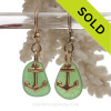 Petite Perfect Genuine Green Sea Glass Earrings On Gold With Anchor Charms