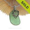 Unusual Green Sea Glass Necklace With Sterling Heart In Heart Charm - 18" 1.2MM Solid Sterling Chain INCLUDED