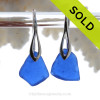 Natural Beach Found Blue Sea Glass Earrings on Solid Sterling Deco Hooks
